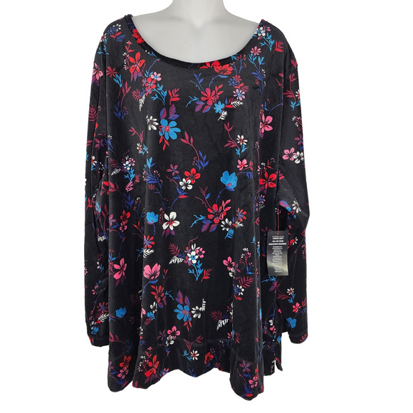 Woman Within Sweatshirt Tunic 3X Plush Velour Pullover Black Floral Long Sleeve - Picture 1 of 10